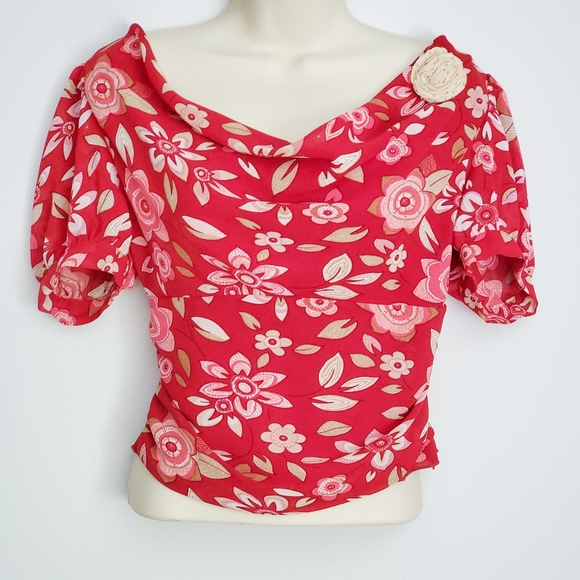 Hale Bob Tops - Hale Bob Sheer Red Cowl Top Floral Vintage